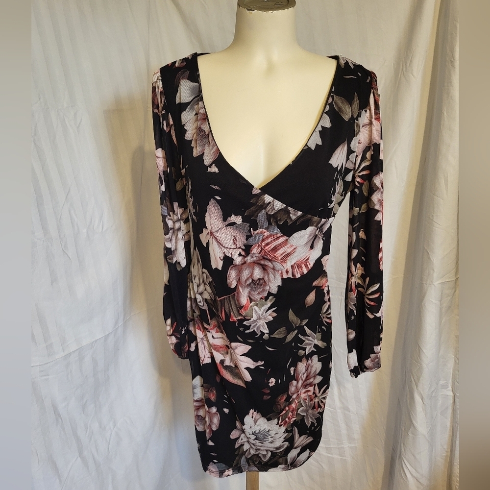 Eclipse Black and Pink Floral Long Sleeve Dress, Size Large